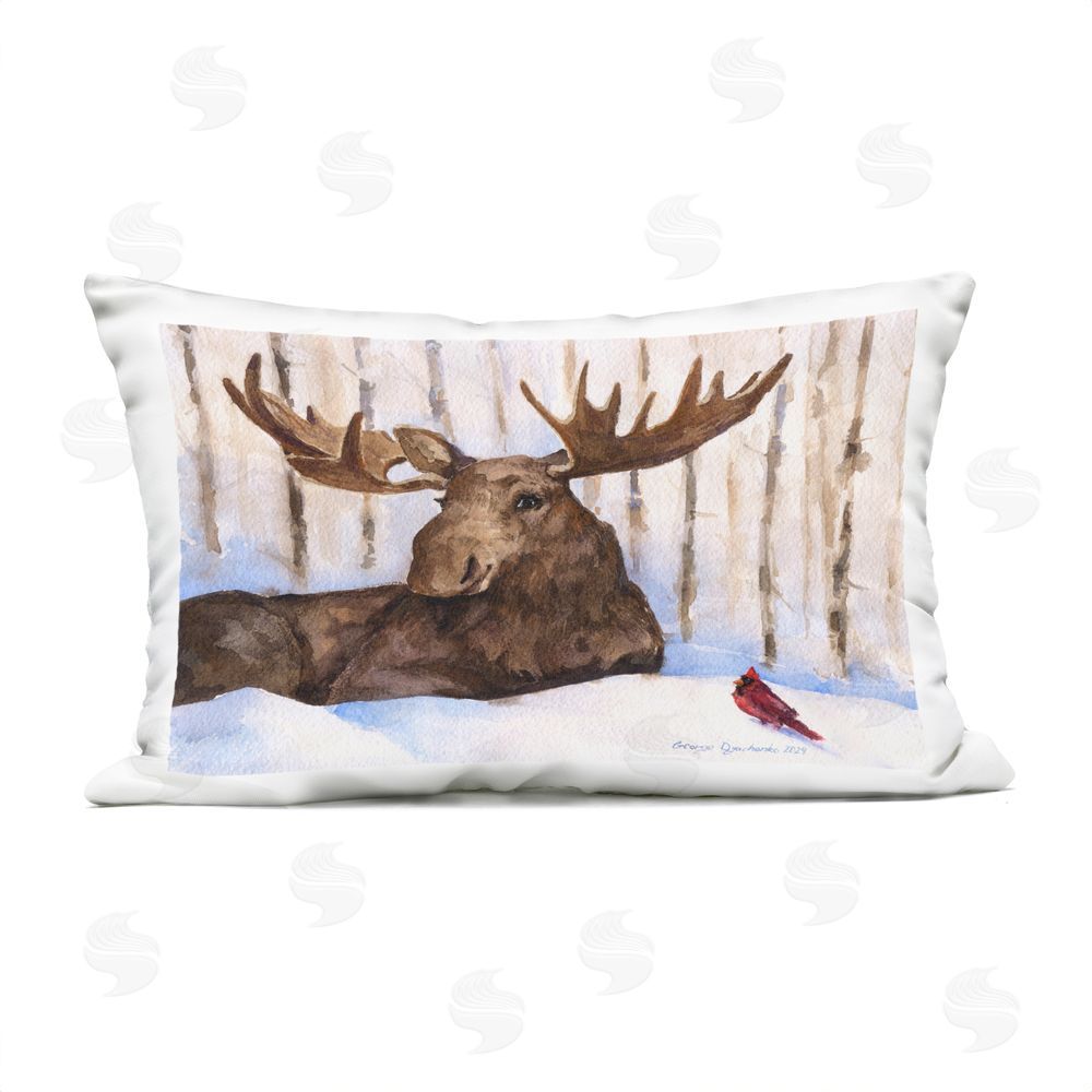 George Dyachenko Moose & Red Cardinal in Snow Outdoor Quick-Dry Polyester Lumbar Pillow