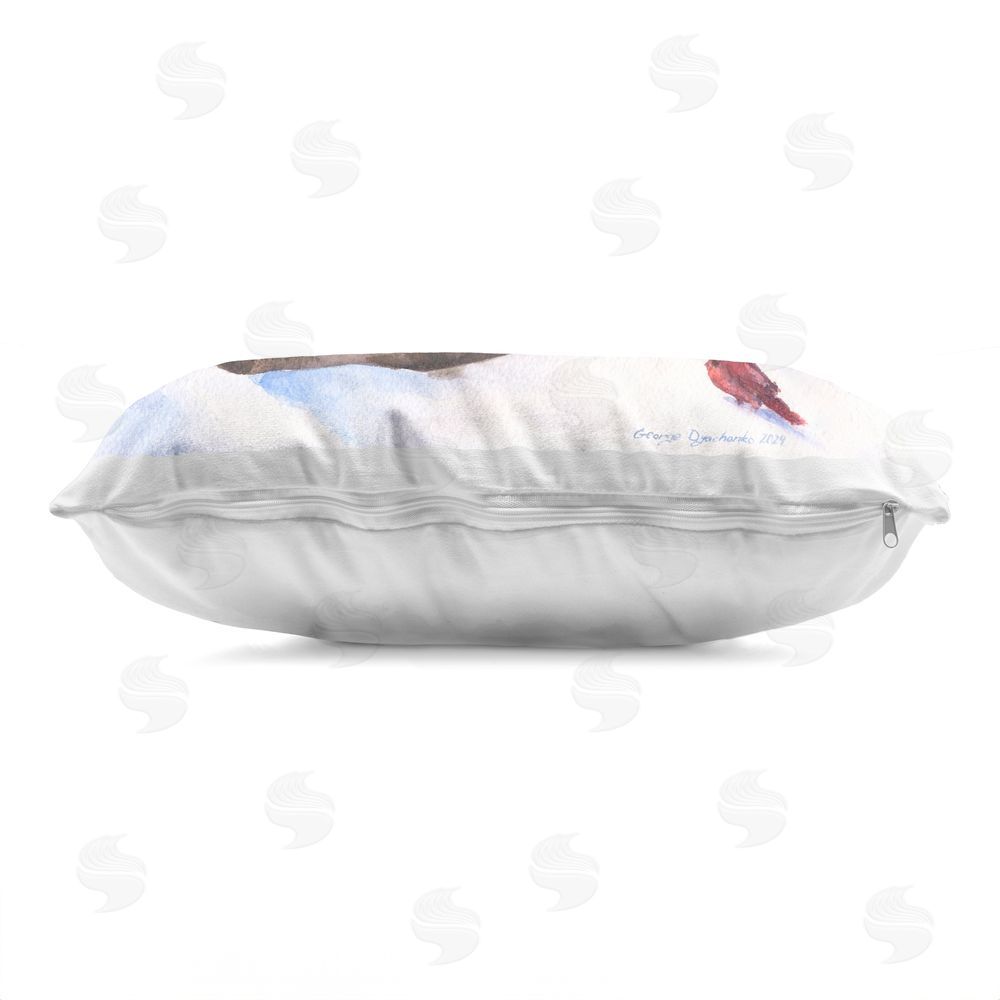 George Dyachenko Moose & Red Cardinal in Snow Indoor Plush Polyester Lumbar Pillow Zipper Detail