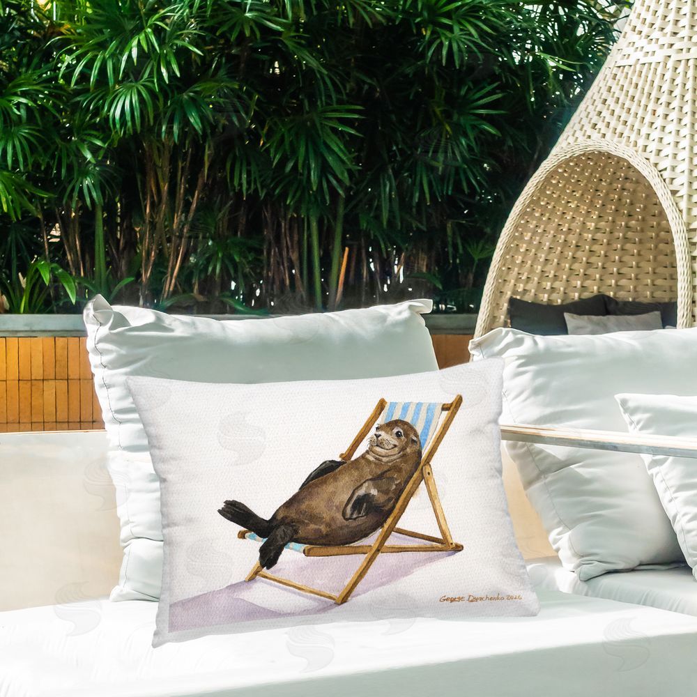 George Dyachenko Sea Lion Relaxing Outdoor Quick-Dry Polyester Printed Lumbar Pillow on Patio