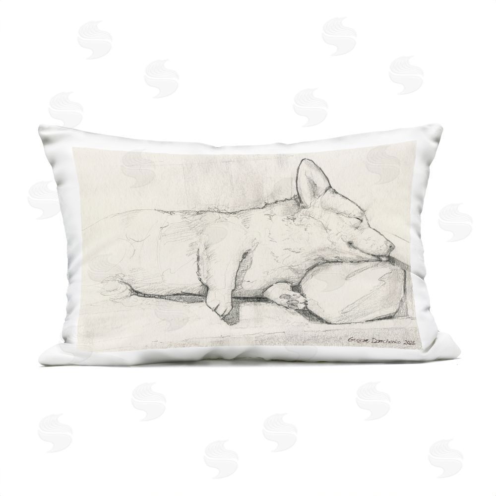 George Dyachenko Sleeping Corgi Pencil Sketch Outdoor Quick-Dry Polyester Lumbar Pillow