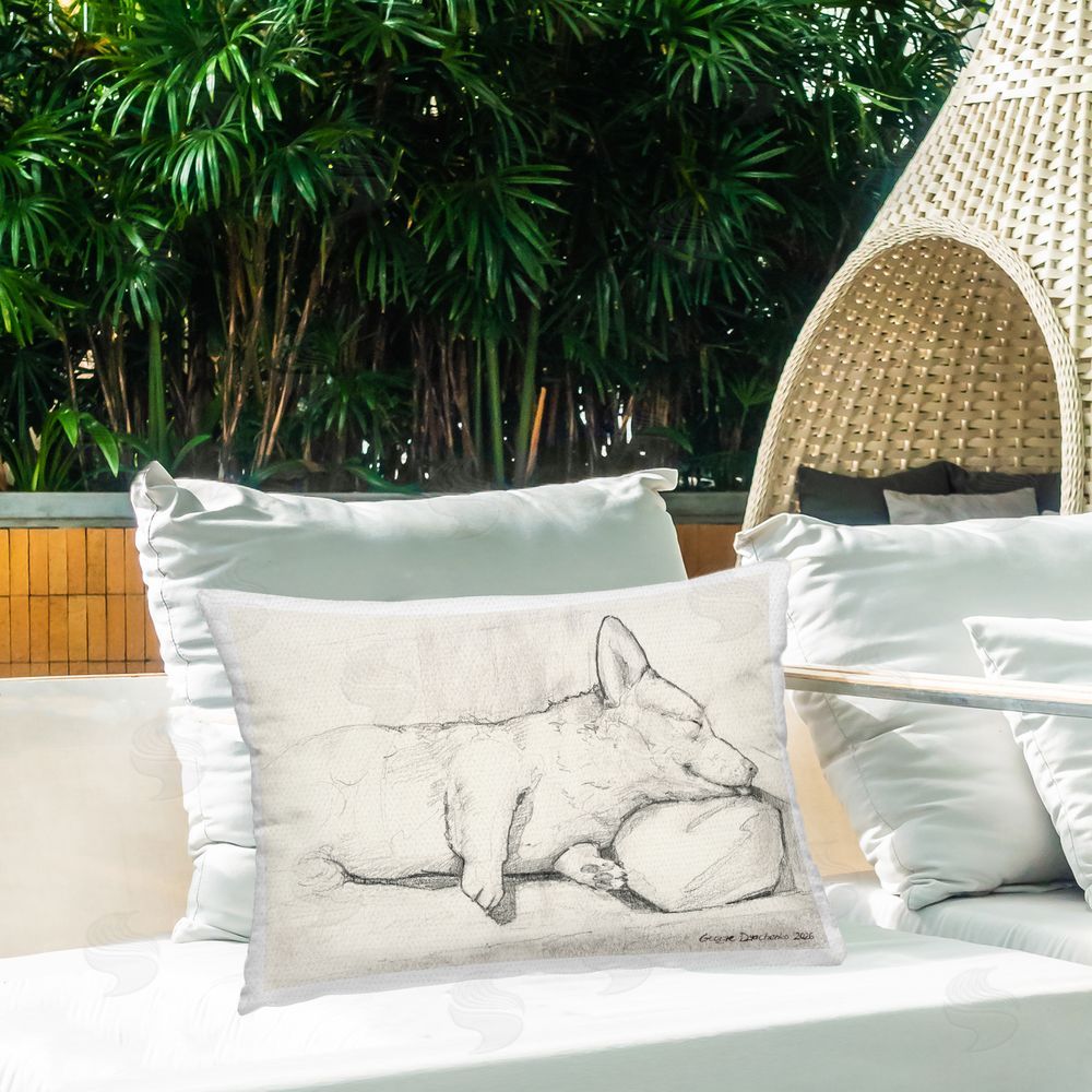George Dyachenko Sleeping Corgi Pencil Sketch Outdoor Quick-Dry Polyester Printed Lumbar Pillow on Patio