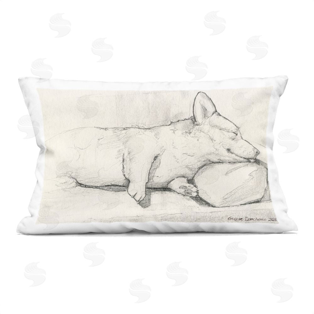 George Dyachenko Sleeping Corgi Pencil Sketch Indoor Plush Polyester Lumbar Pillow