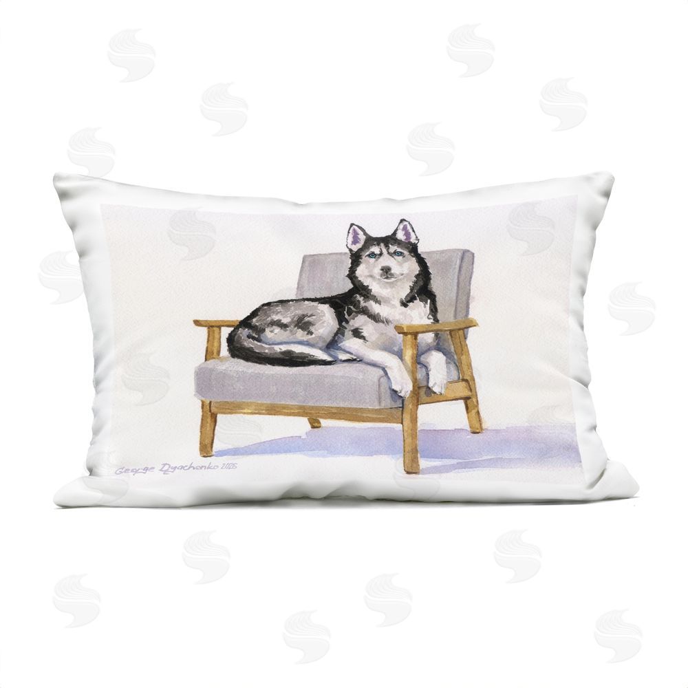 George Dyachenko Husky Perched on Chair Outdoor Quick-Dry Polyester Lumbar Pillow