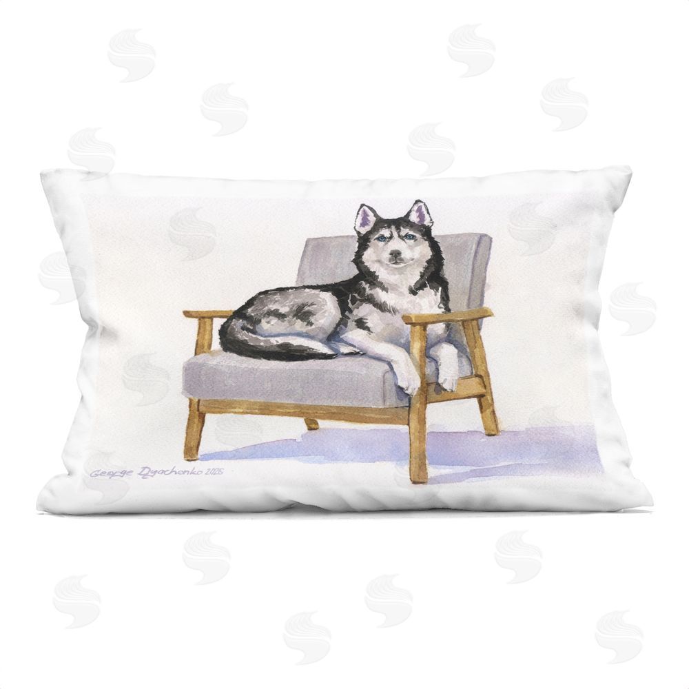 George Dyachenko Husky Perched on Chair Indoor Plush Polyester Lumbar Pillow