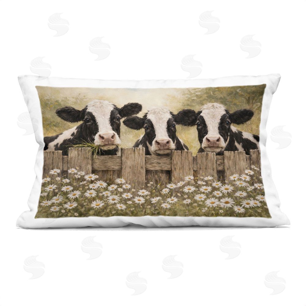 Tina LeCour Cows Grazing at Daisy Fence Indoor Plush Polyester Lumbar Pillow