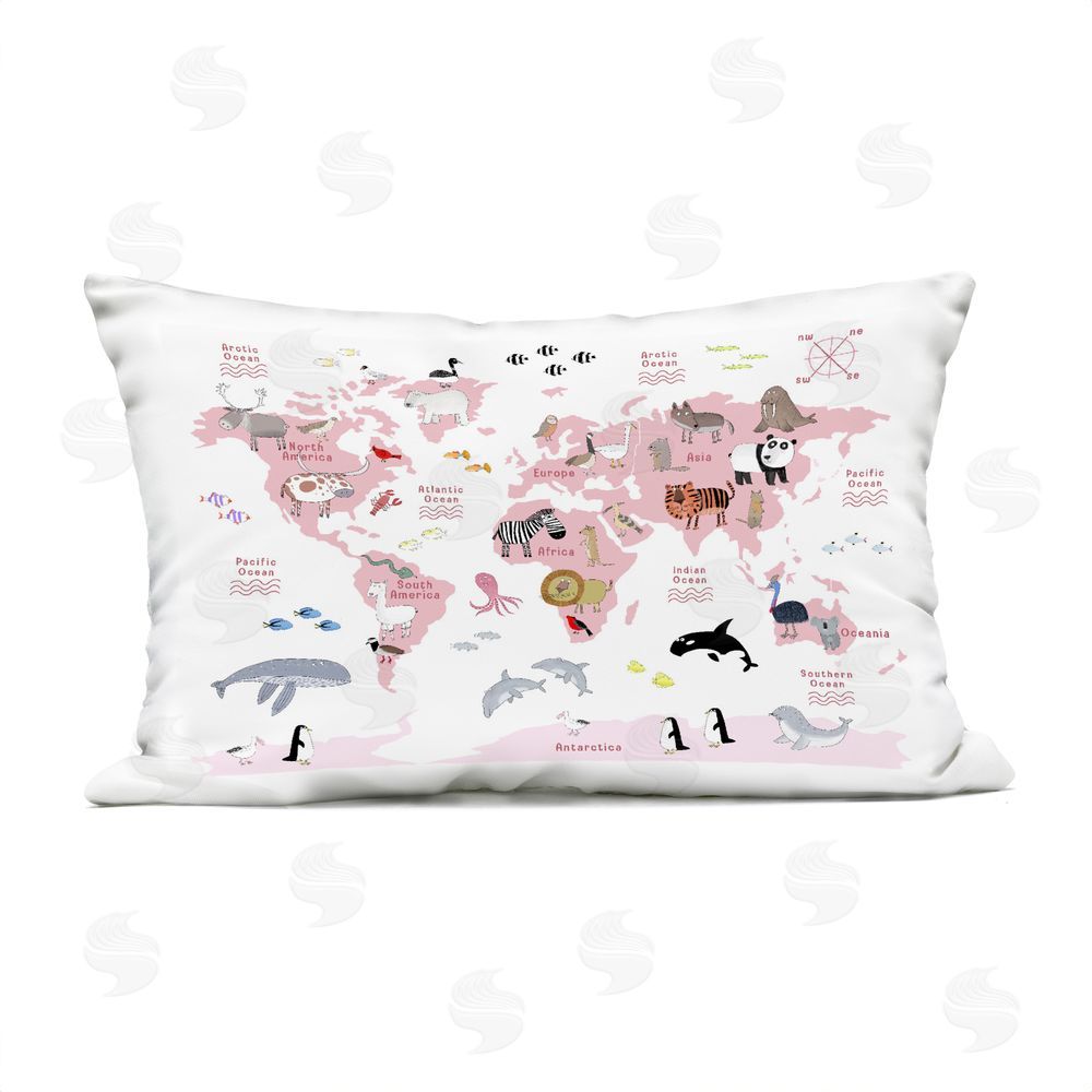 Carla Daly World Map Animals in Pink Outdoor Quick-Dry Polyester Lumbar Pillow