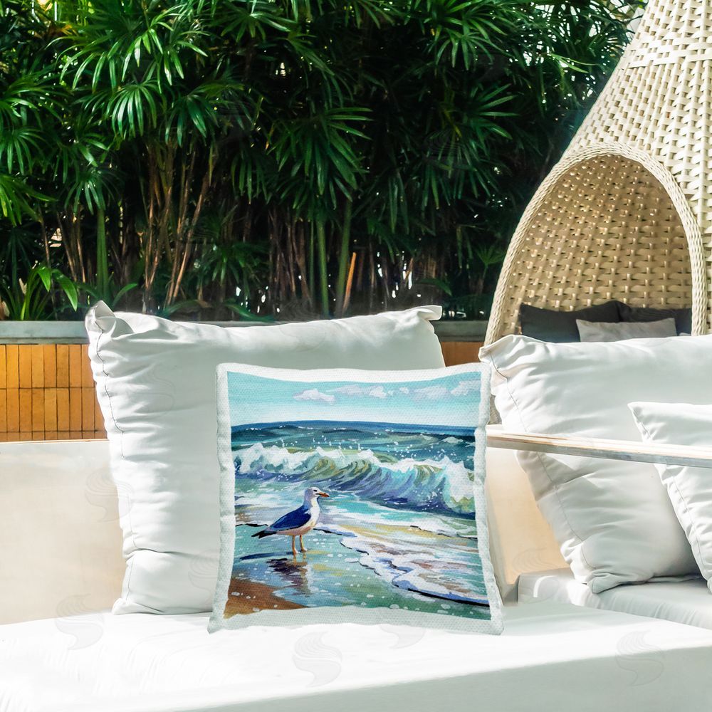 Kate Jarvik Birch Peaceful Seagull Contemplation Outdoor Quick-Dry Polyester Printed Square Pillow on Patio