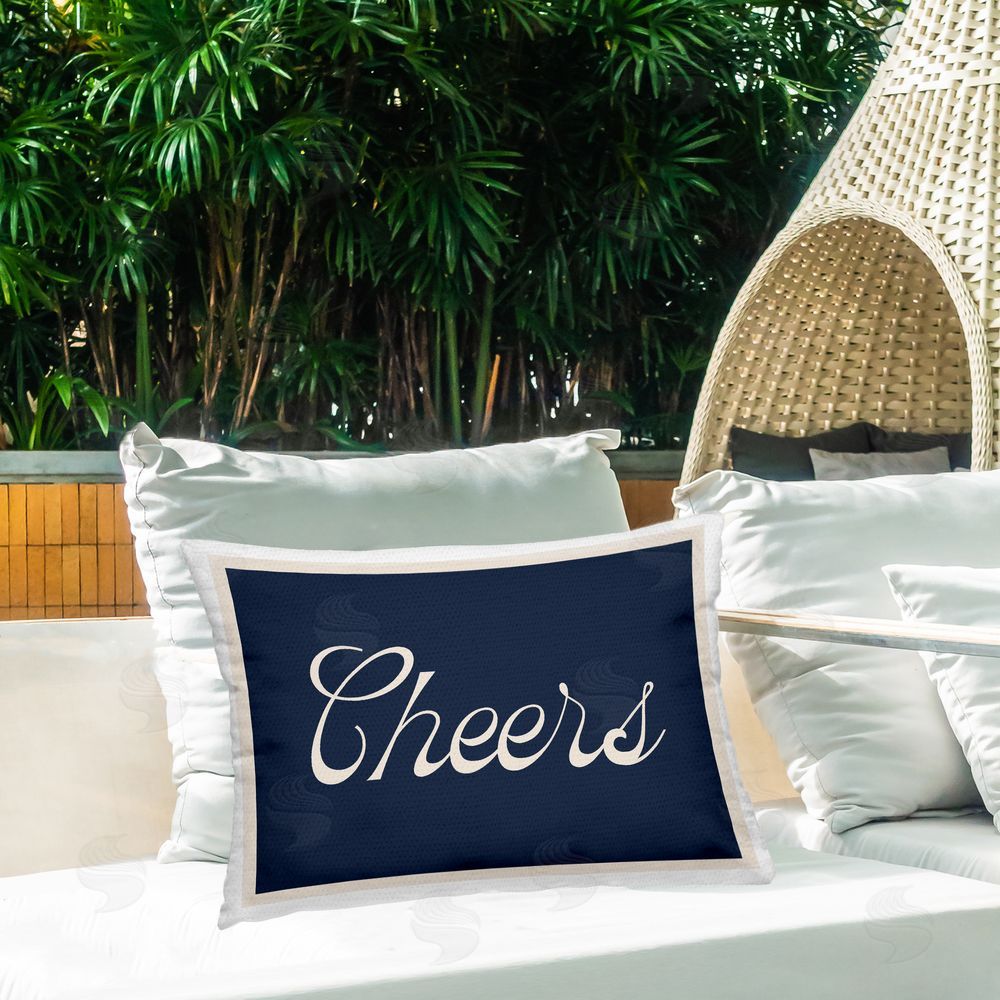 Lil' Rue Cheers Vintage Script Outdoor Quick-Dry Polyester Printed Lumbar Pillow on Patio