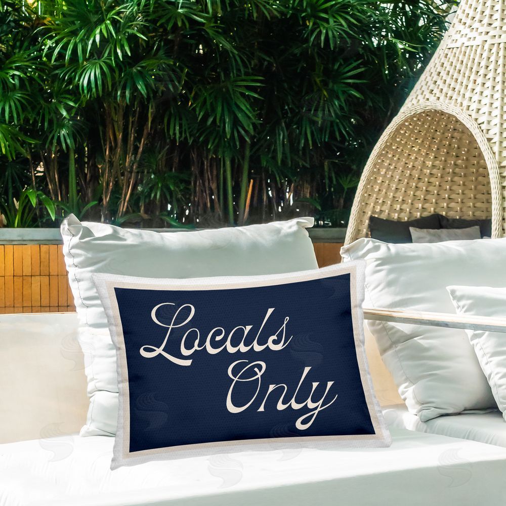Lil' Rue Locals Only Blue Script Outdoor Quick-Dry Polyester Printed Lumbar Pillow on Patio