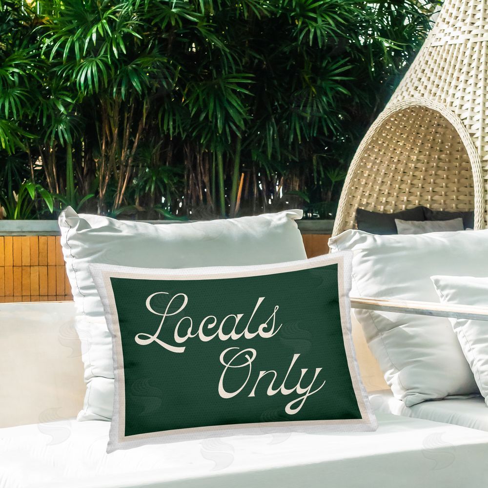 Lil' Rue Locals Only Green Script Outdoor Quick-Dry Polyester Printed Lumbar Pillow on Patio