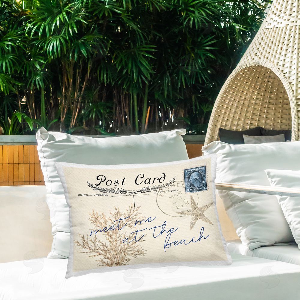 Lil' Rue Meet Me At Beach Postcard Outdoor Quick-Dry Polyester Printed Lumbar Pillow on Patio