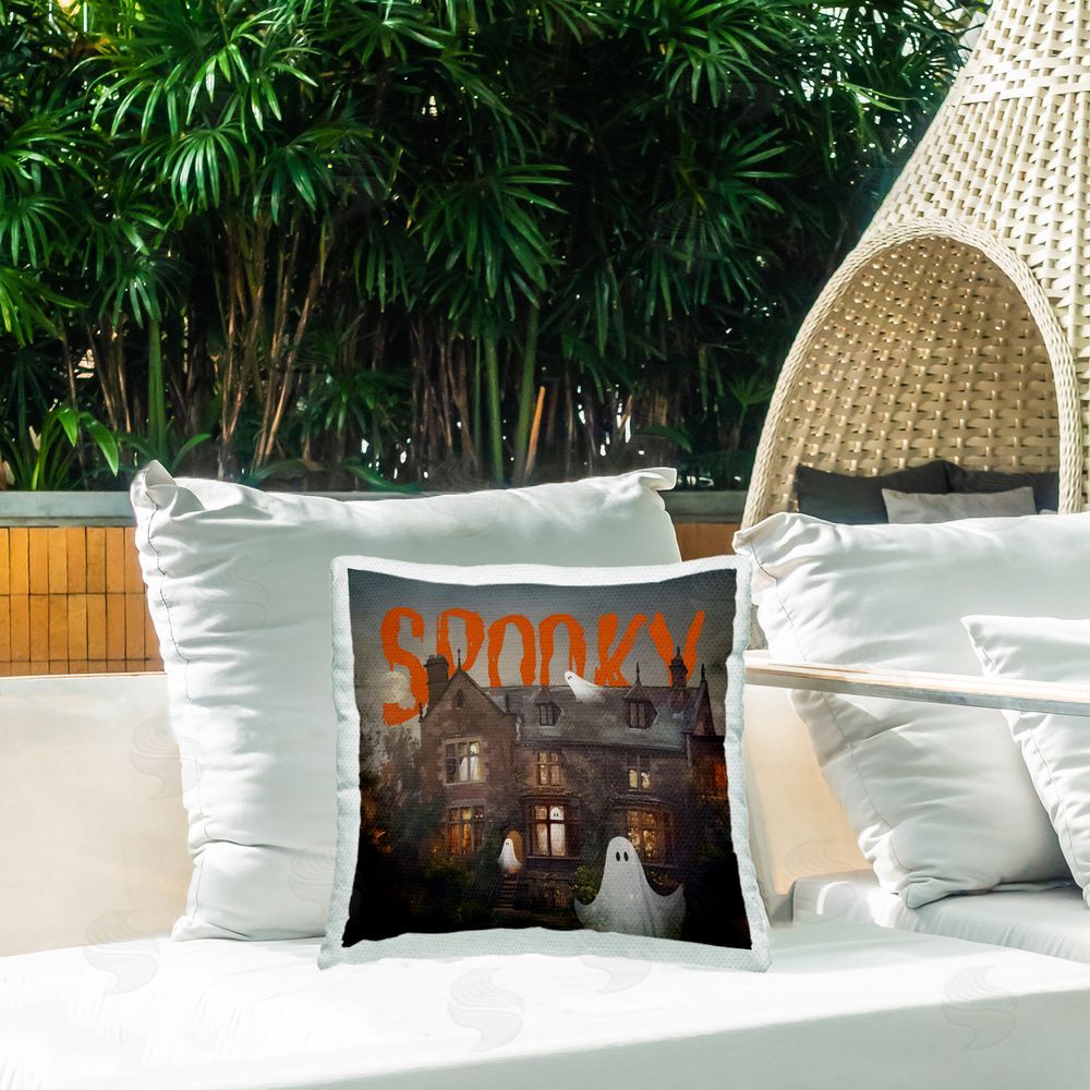 Jacky Ngan Spooky Ghosts Haunting Mansion Outdoor Quick-Dry Polyester Printed Square Pillow on Patio