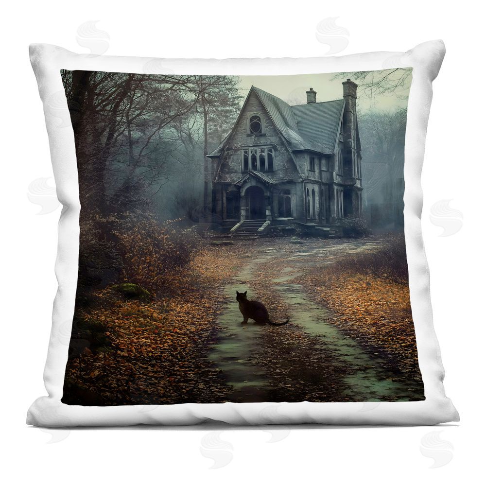 Jacky Ngan Cat at Eerie Haunted Mansion Indoor Plush Polyester Square Throw Pillow