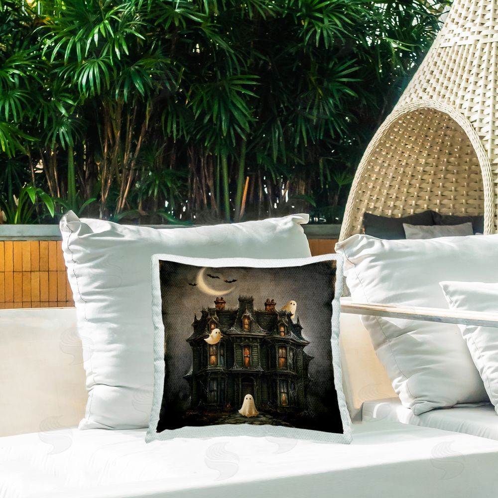 Jacky Ngan Haunted Mansion with Shining Moon Outdoor Quick-Dry Polyester Printed Square Pillow on Patio