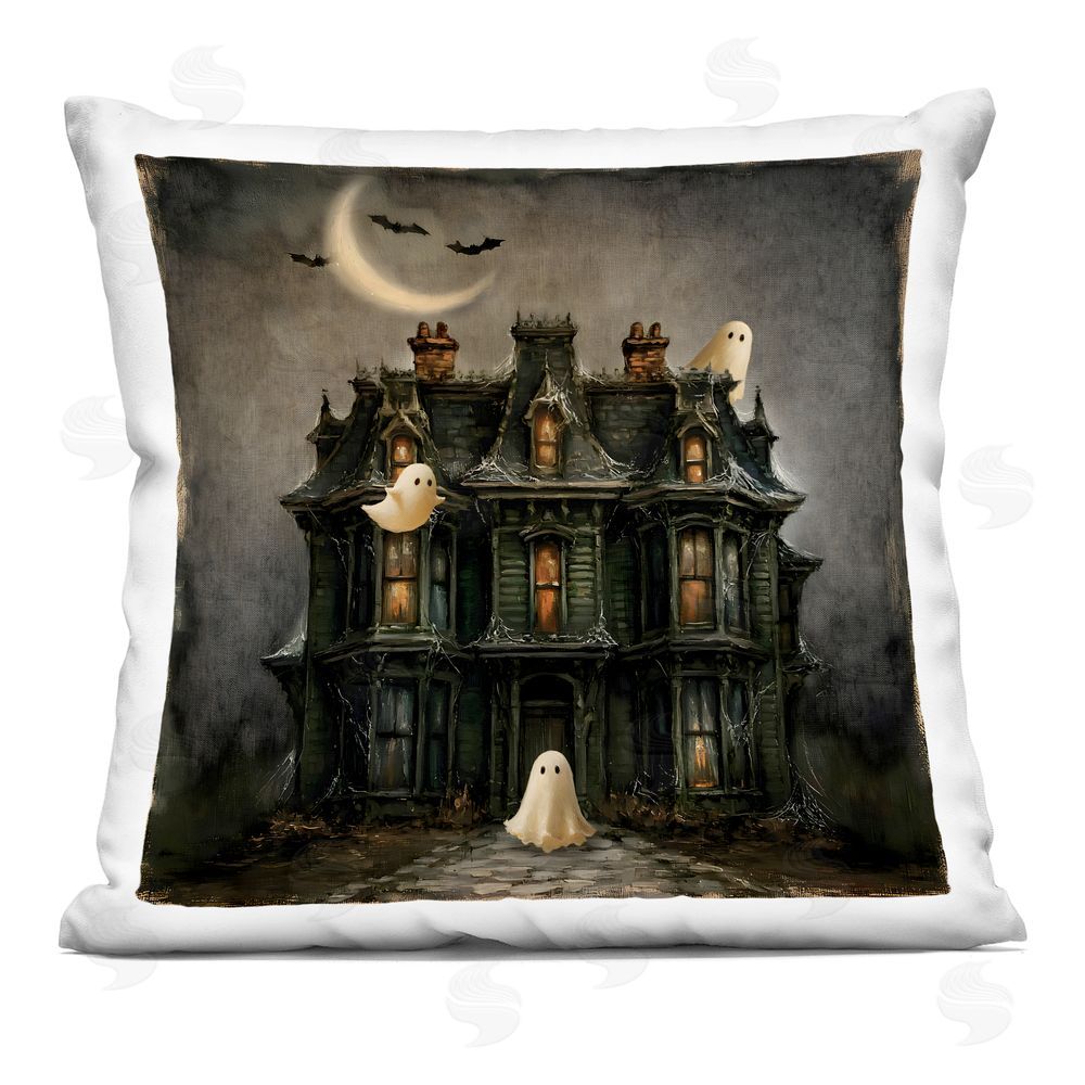 Jacky Ngan Haunted Mansion with Shining Moon Indoor Plush Polyester Square Throw Pillow