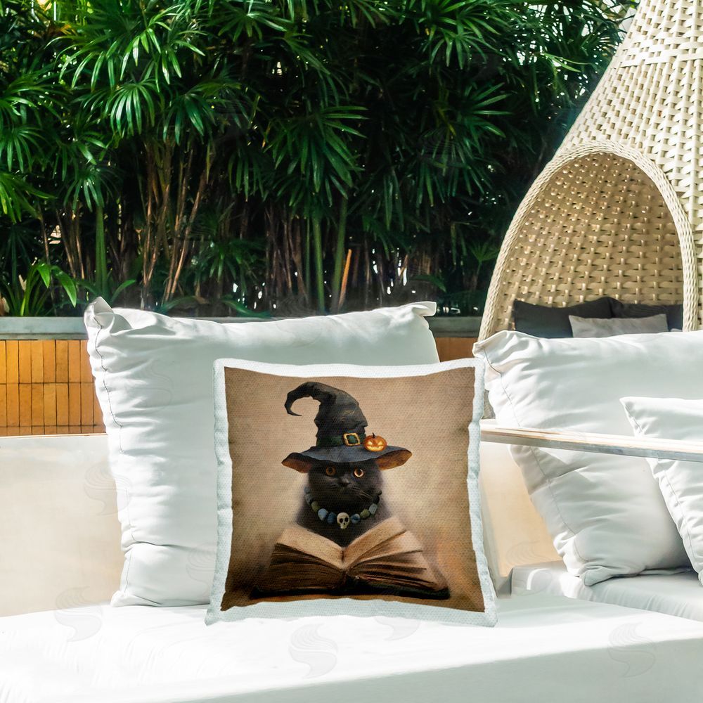 Jacky Ngan Witch Cat and Spell Book Outdoor Quick-Dry Polyester Printed Square Pillow on Patio