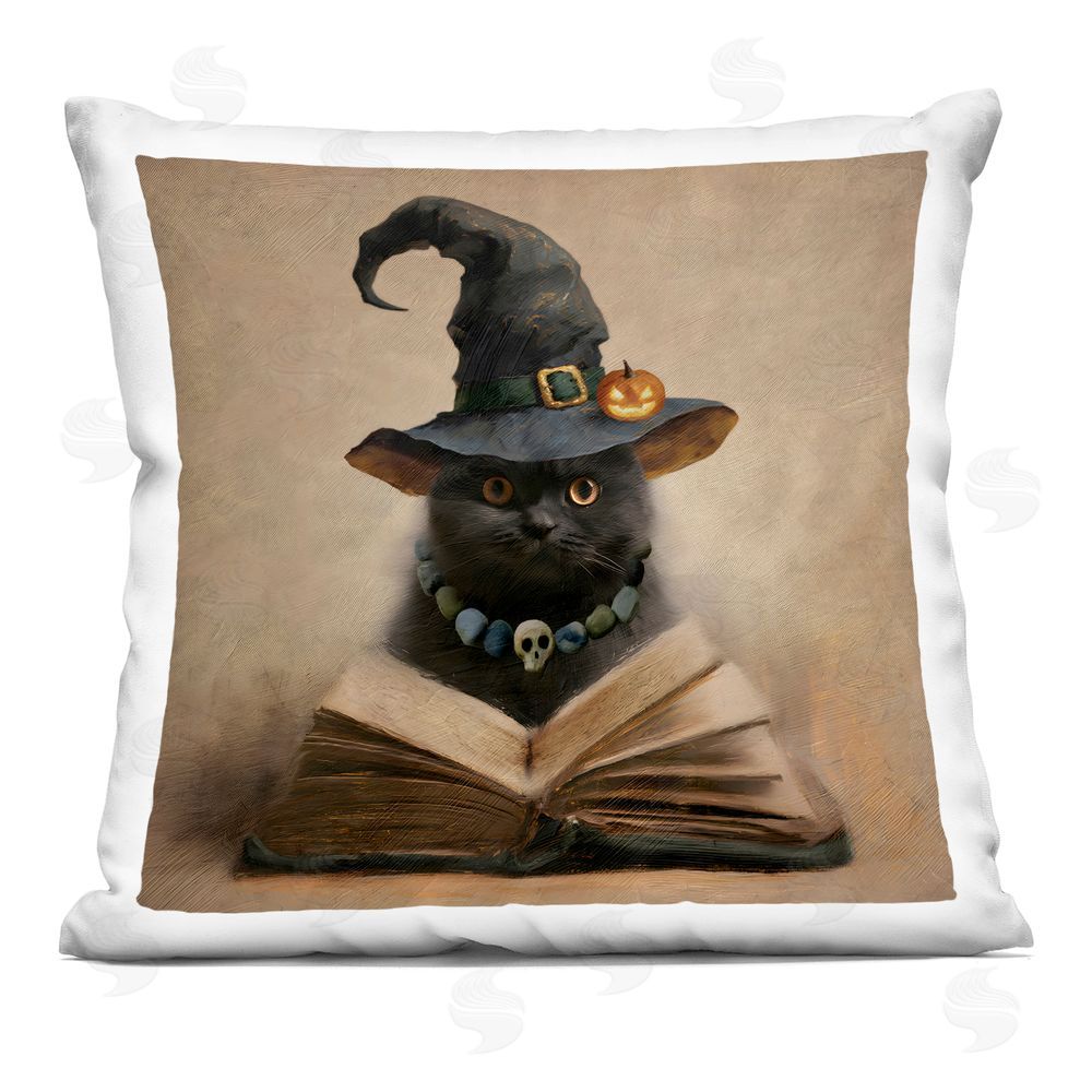 Jacky Ngan Witch Cat and Spell Book Indoor Plush Polyester Square Throw Pillow