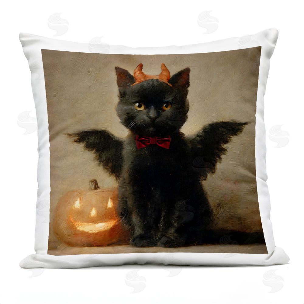 Jacky Ngan Winged Cat with Jack-o-Lantern Outdoor Quick-Dry Polyester Square Throw Pillow
