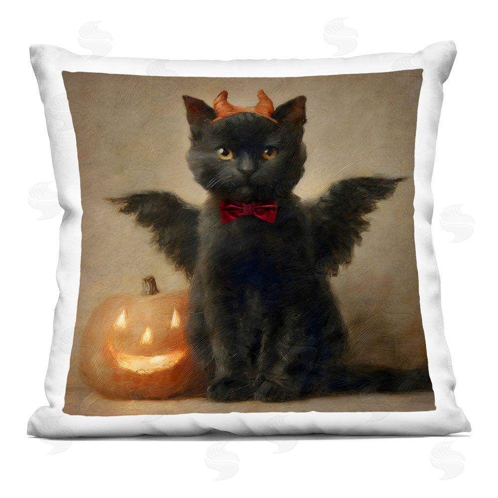 Jacky Ngan Winged Cat with Jack-o-Lantern Indoor Plush Polyester Square Throw Pillow