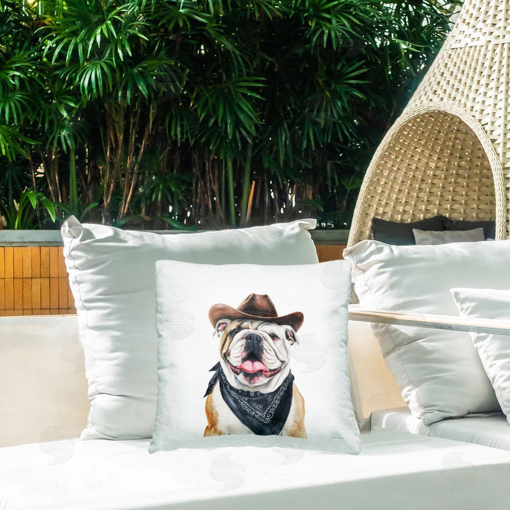 Svetlana Aleynikova Cowboy Bulldog with Hat & Bandana Outdoor Quick-Dry Polyester Printed Square Pillow on Patio
