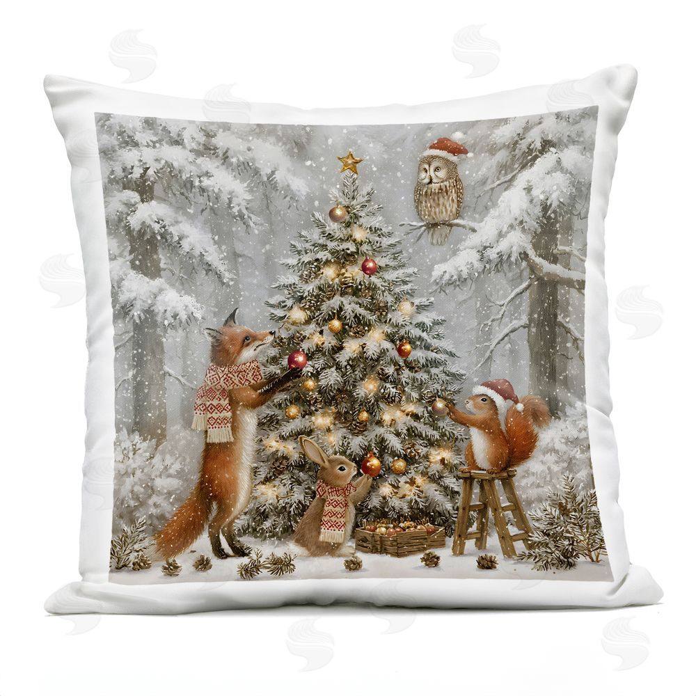 Jacky Ngan Winter Forest Animals Adorning Tree Outdoor Quick-Dry Polyester Square Throw Pillow