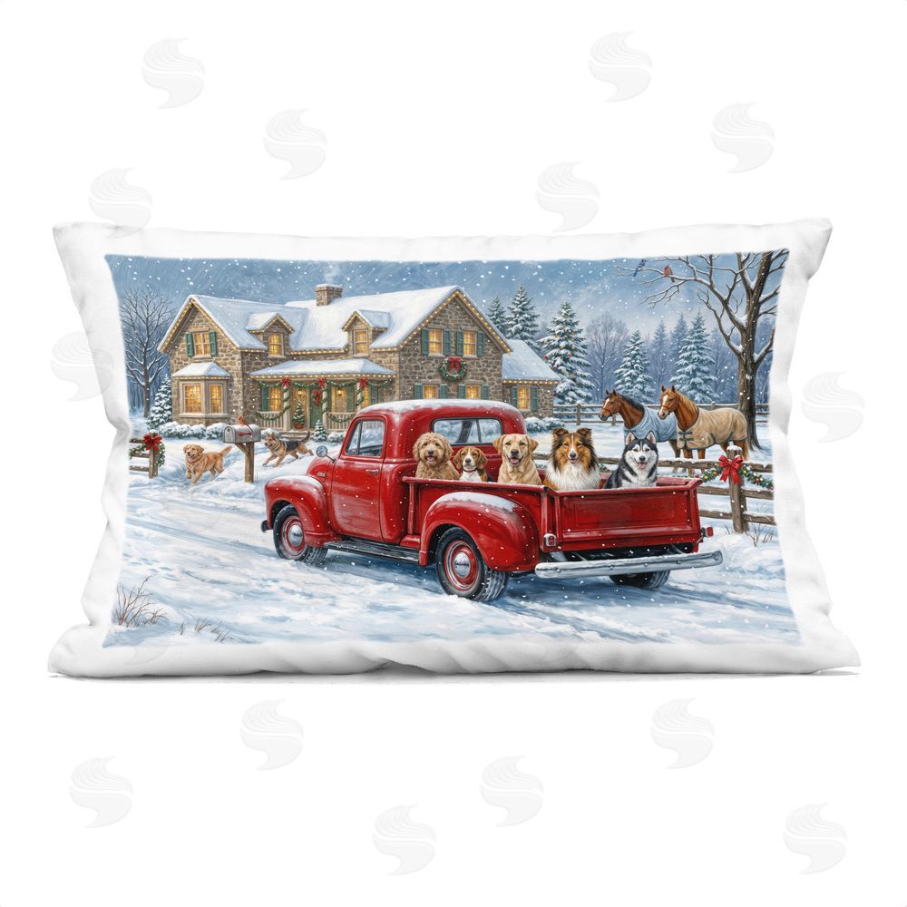 Imagine It Images Festive Winter Truck & Dogs Indoor Plush Polyester Lumbar Pillow