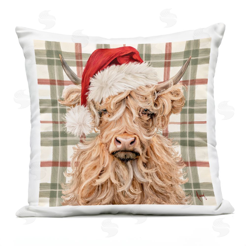 Pam Britton Wooly Christmas Cattle on Plaid Outdoor Quick-Dry Polyester Square Throw Pillow