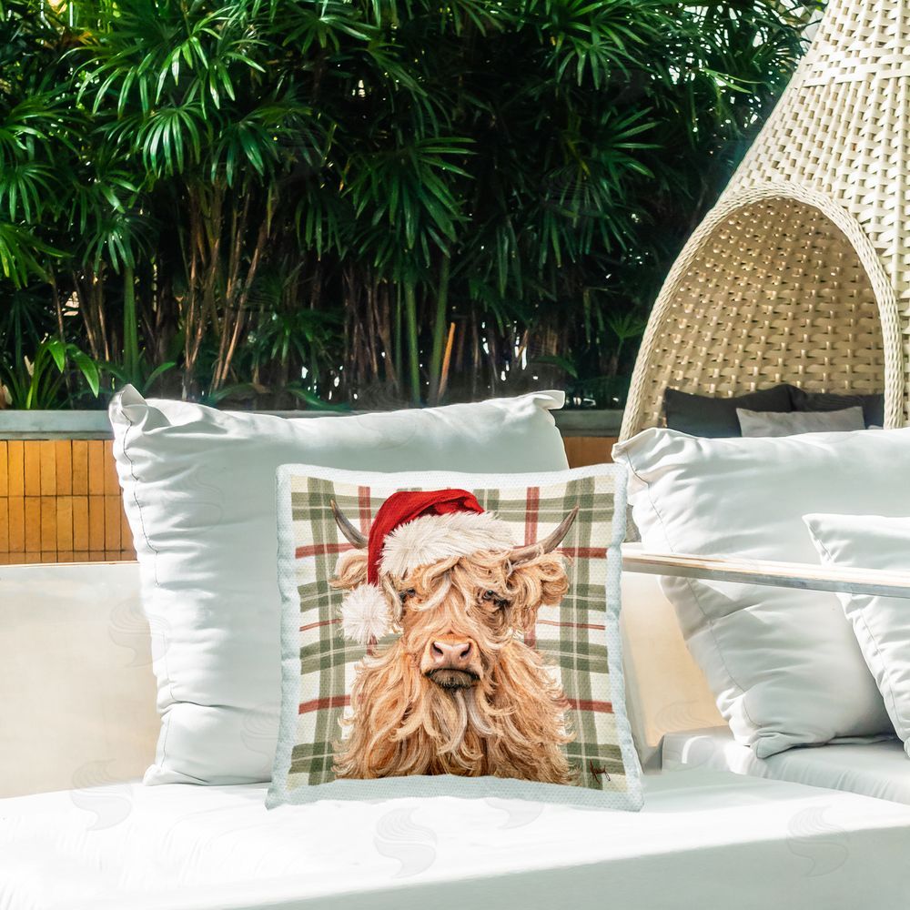 Pam Britton Wooly Christmas Cattle on Plaid Outdoor Quick-Dry Polyester Printed Square Pillow on Patio
