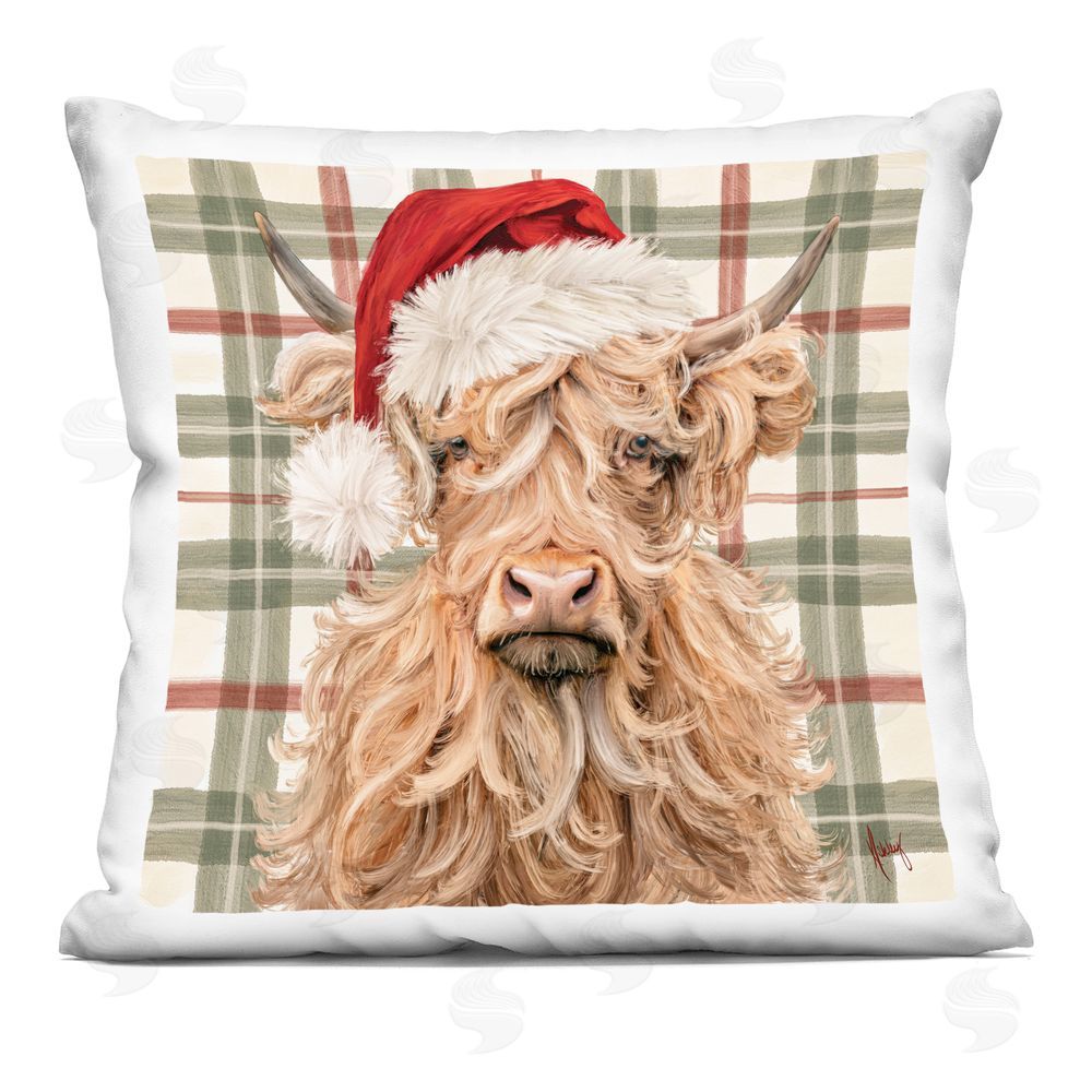 Pam Britton Wooly Christmas Cattle on Plaid Indoor Plush Polyester Square Throw Pillow