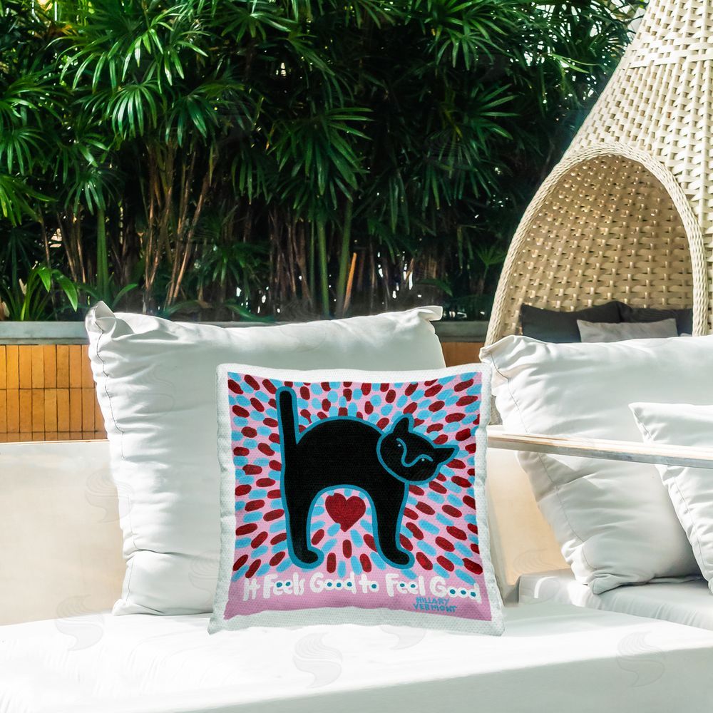 Hillary Vermont Feel Good Cat with Heart Outdoor Quick-Dry Polyester Printed Square Pillow on Patio