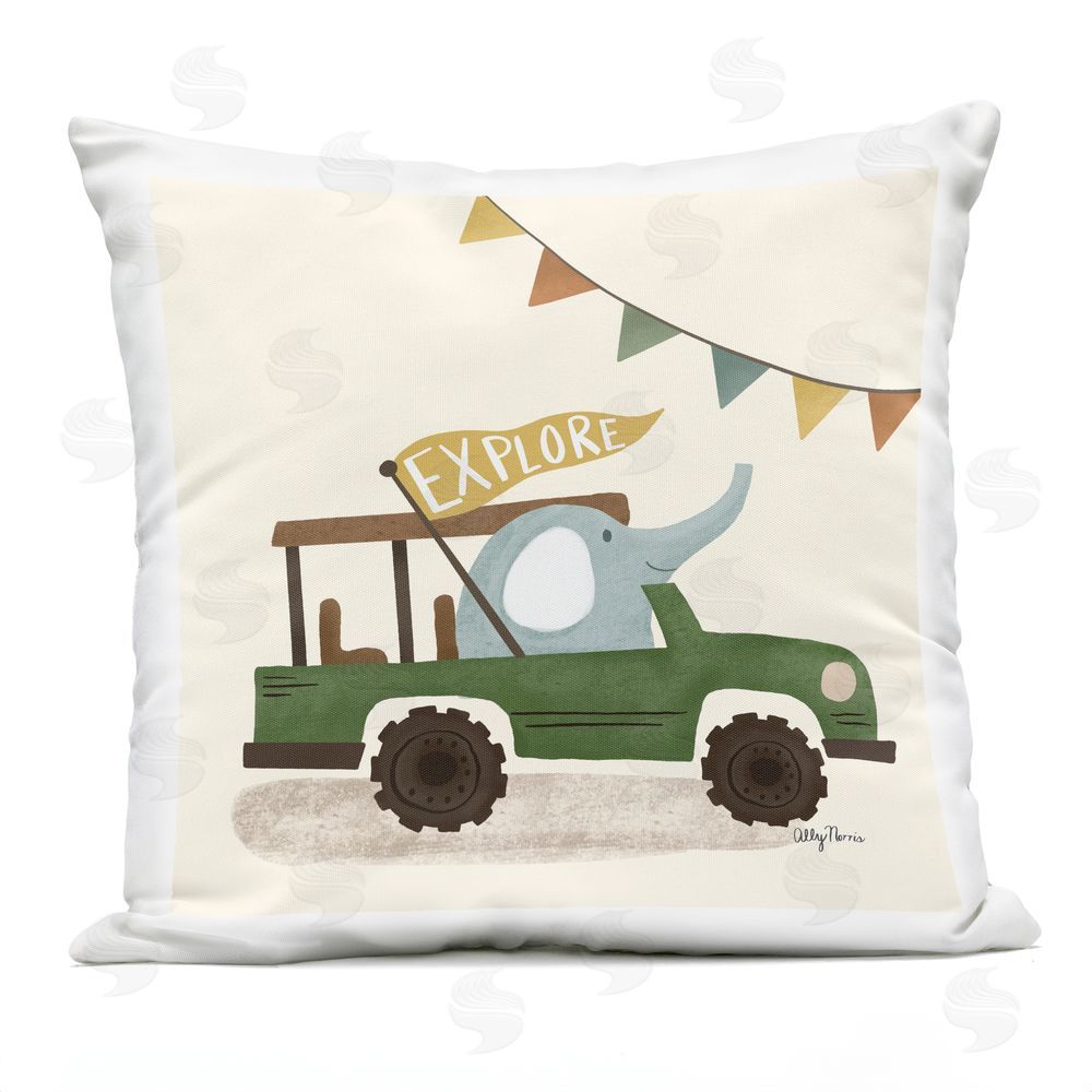 Allyson Norris Explore Elephant in Car Outdoor Quick-Dry Polyester Square Throw Pillow