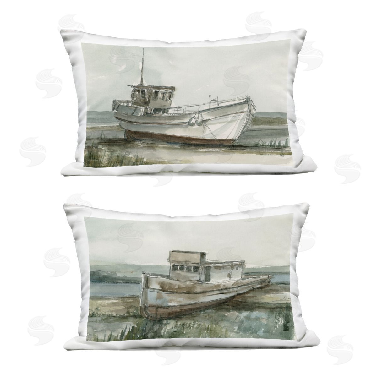 Ethan Harper Abandoned Fishing Boats Plush Polyester Art Print Pillow