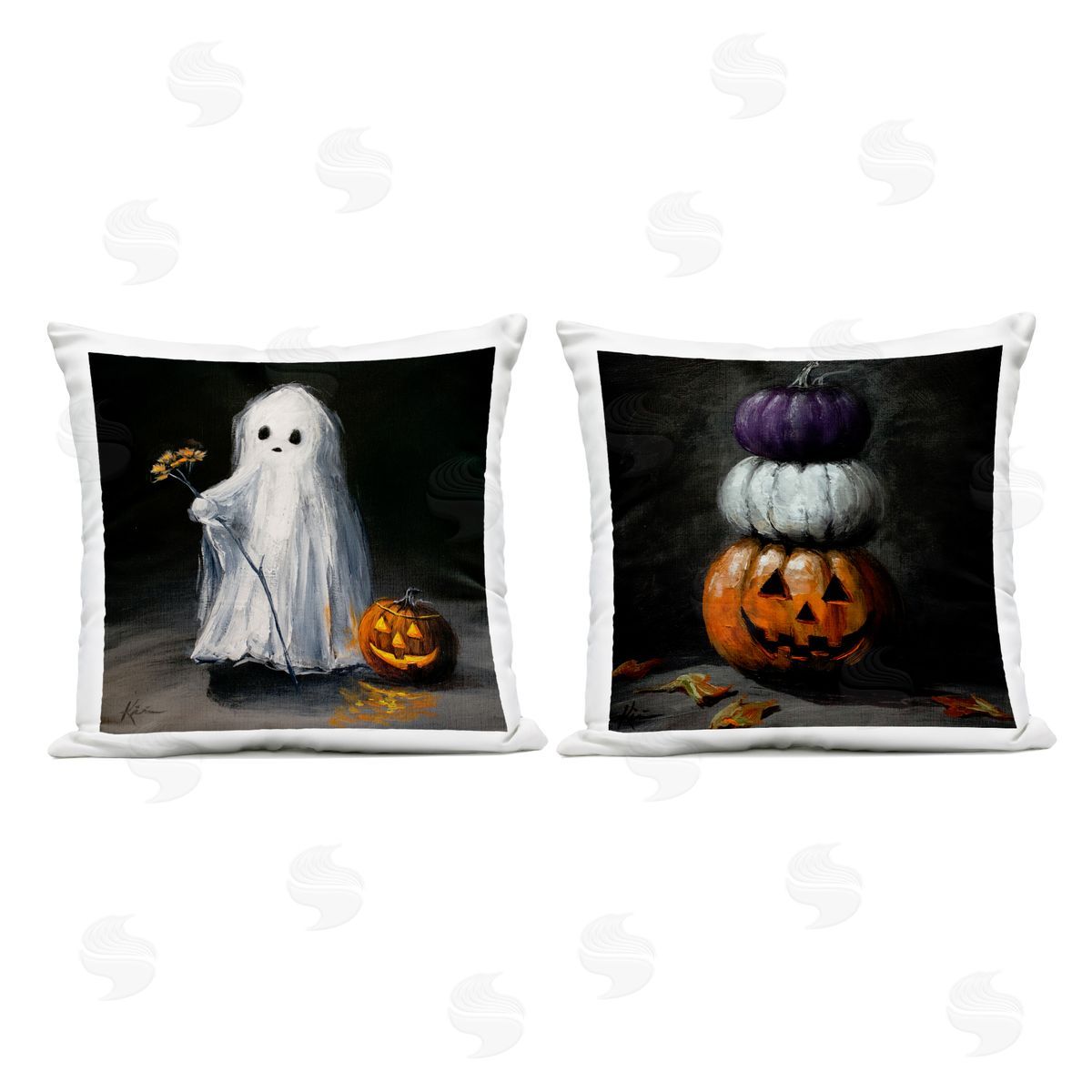 Lindsay Kivi Fine Art Vintage Halloween Ghost & Pumpkin Stack Plush Polyester Art Print Pillow