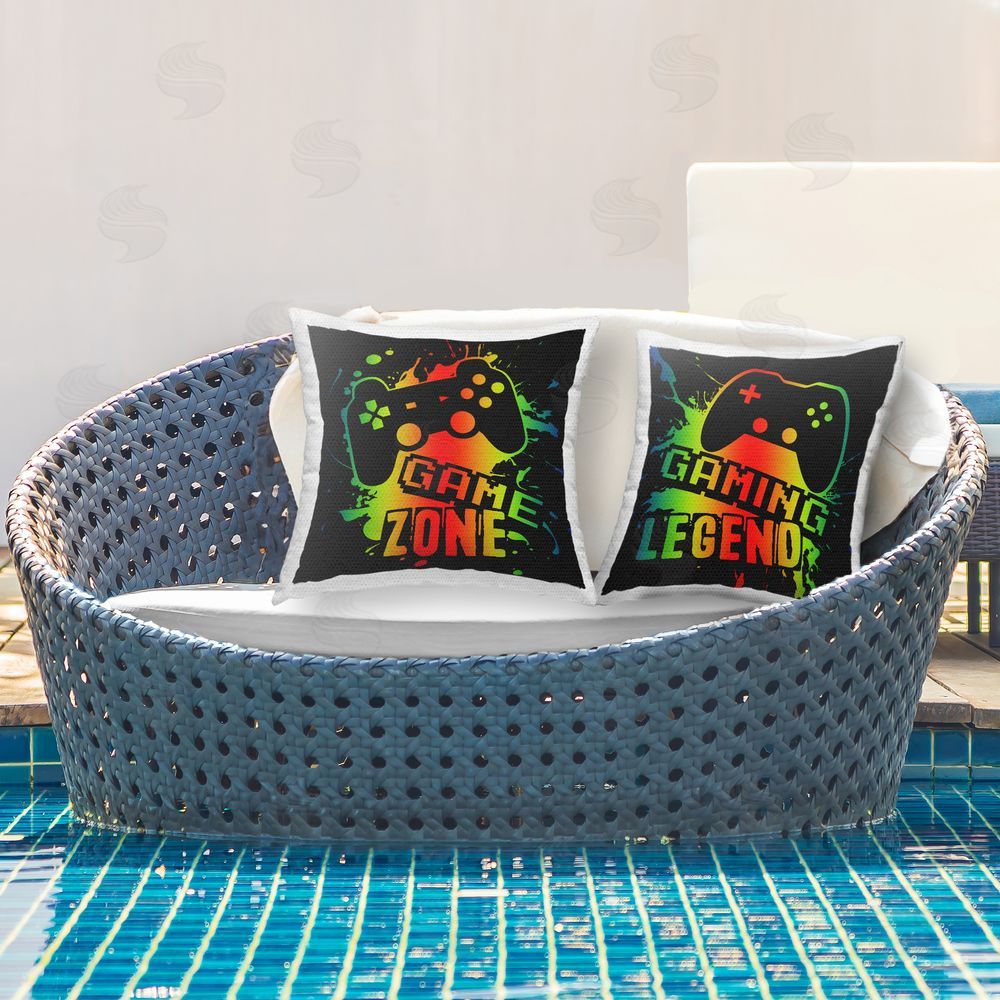 Marcus Prime Gradient Gaming Phrases Outdoor Printed Throw Pillow on Patio