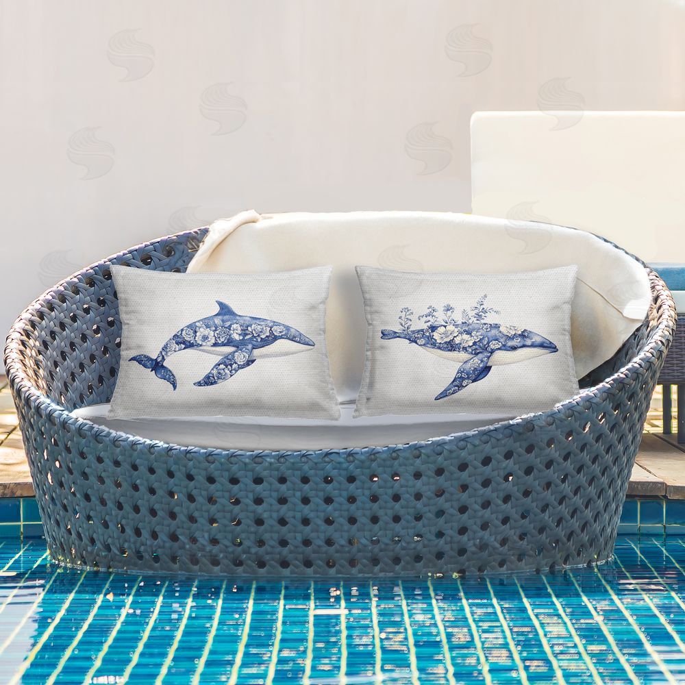 Lettered and Lined Blooming Toile Pattern Whales Outdoor Rectugular Printed Throw Pillow on Patio