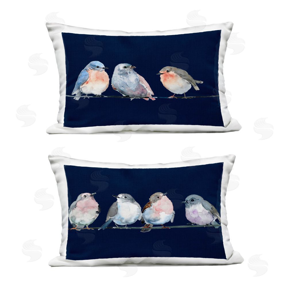 Lorenzo Collective Lovely Perched Birds on Blue Outdoor Rectugular Printed Throw Pillow