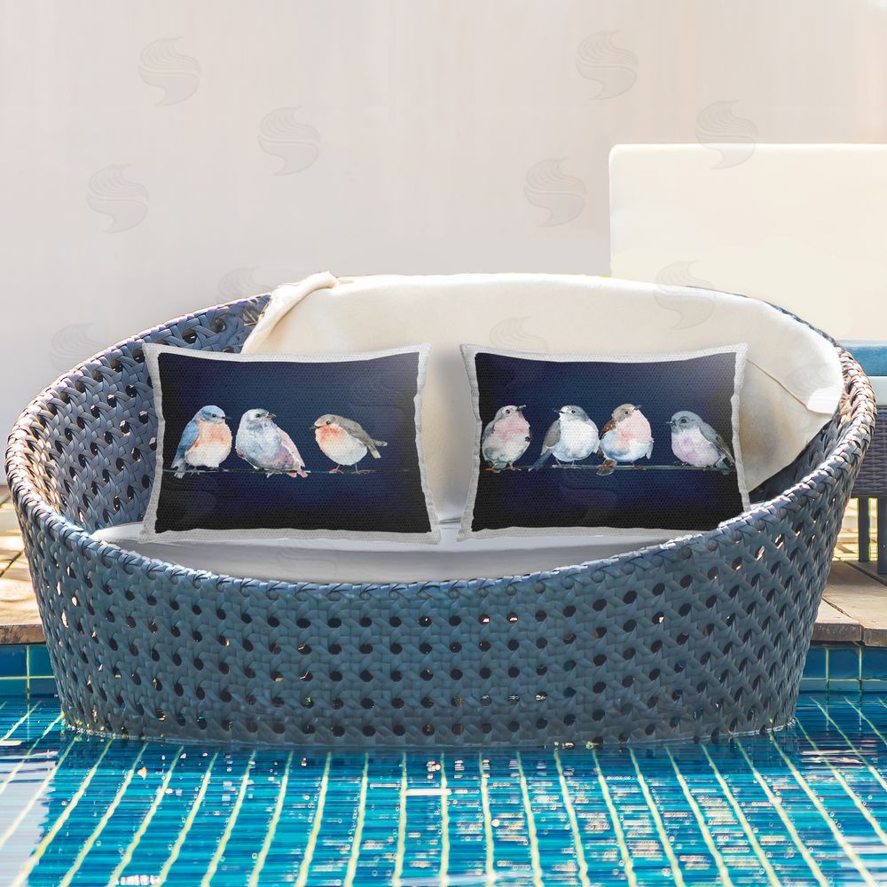 Lorenzo Collective Lovely Perched Birds on Blue Outdoor Rectugular Printed Throw Pillow on Patio