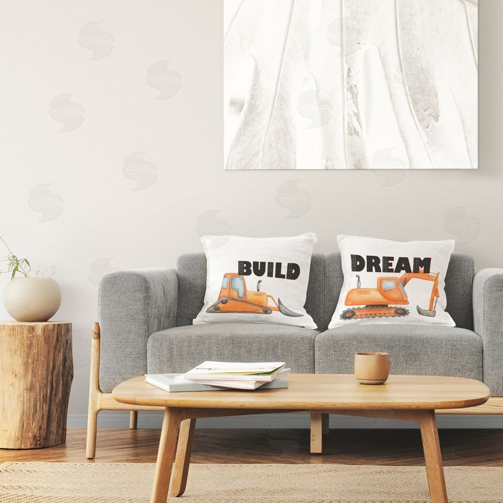 Kim Allen Build & Dream Construction Vehicles Square Printed Throw Pillow on Chair