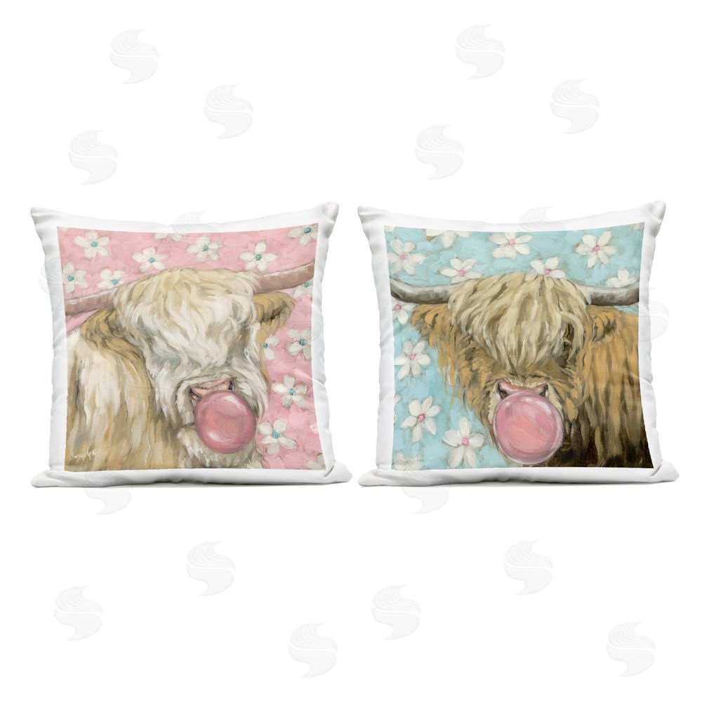 Sara G. Designs Cute Bubblegum Highland Cattles Outdoor Printed Throw Pillow