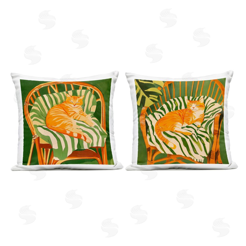 Walker Noble Cozy Cats in Rattan Chairs Outdoor Printed Throw Pillow