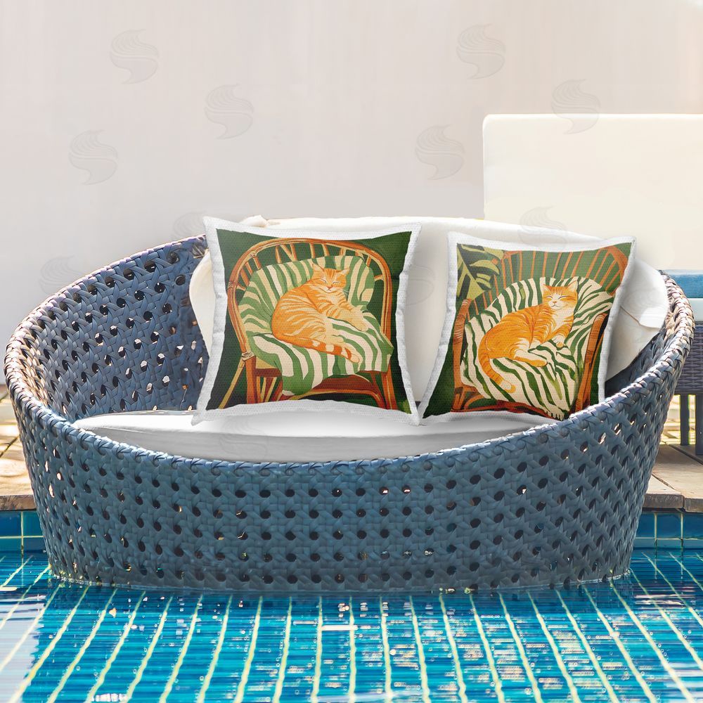 Walker Noble Cozy Cats in Rattan Chairs Outdoor Printed Throw Pillow on Patio