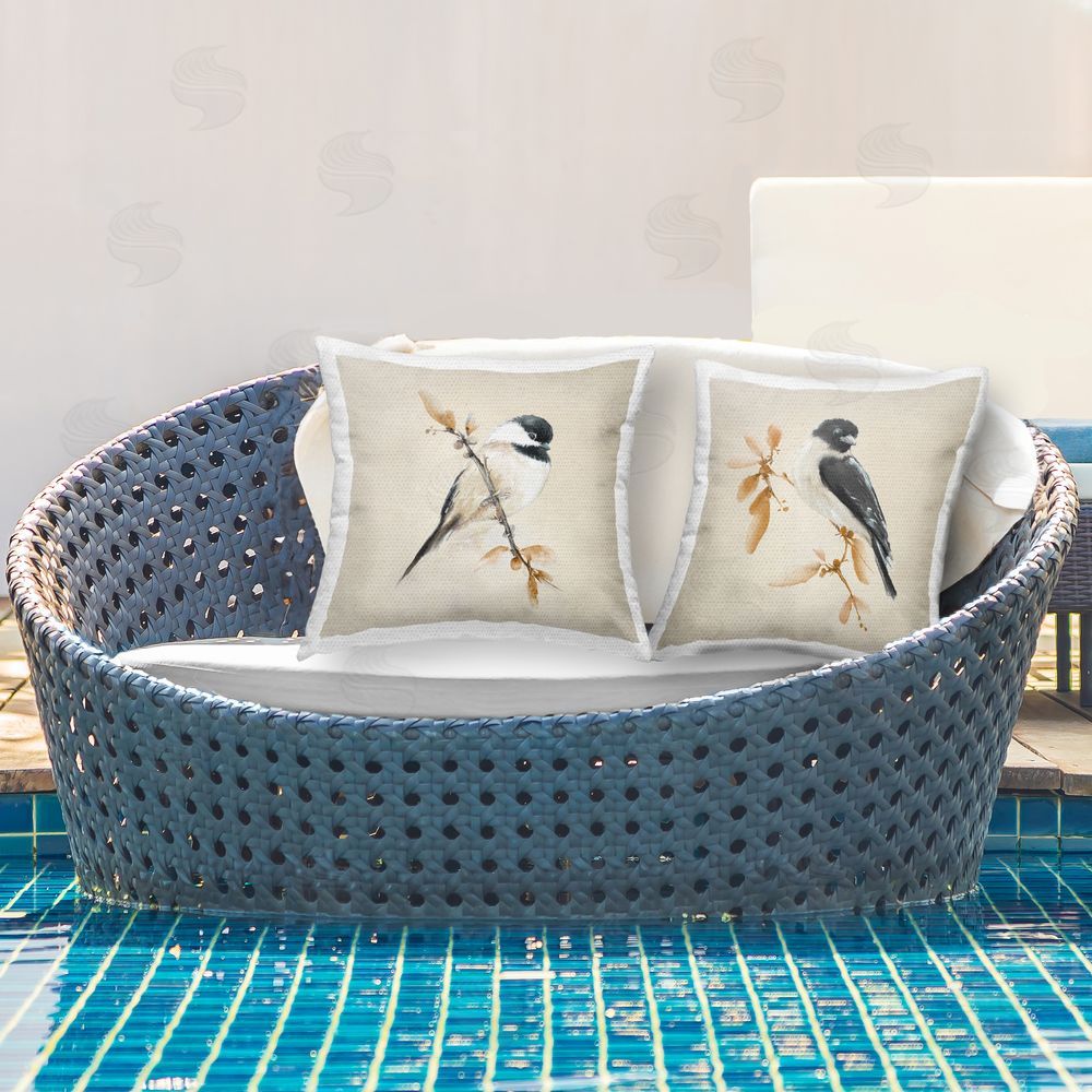 Diannart Muted Watercolor Chickadees Outdoor Printed Throw Pillow on Patio