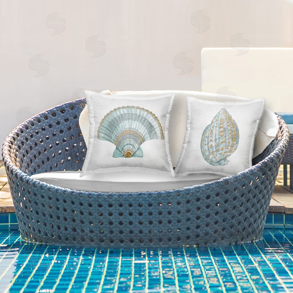Lorenzo Collective Regal Shells Scallop and Spiral Outdoor Printed Throw Pillow on Patio