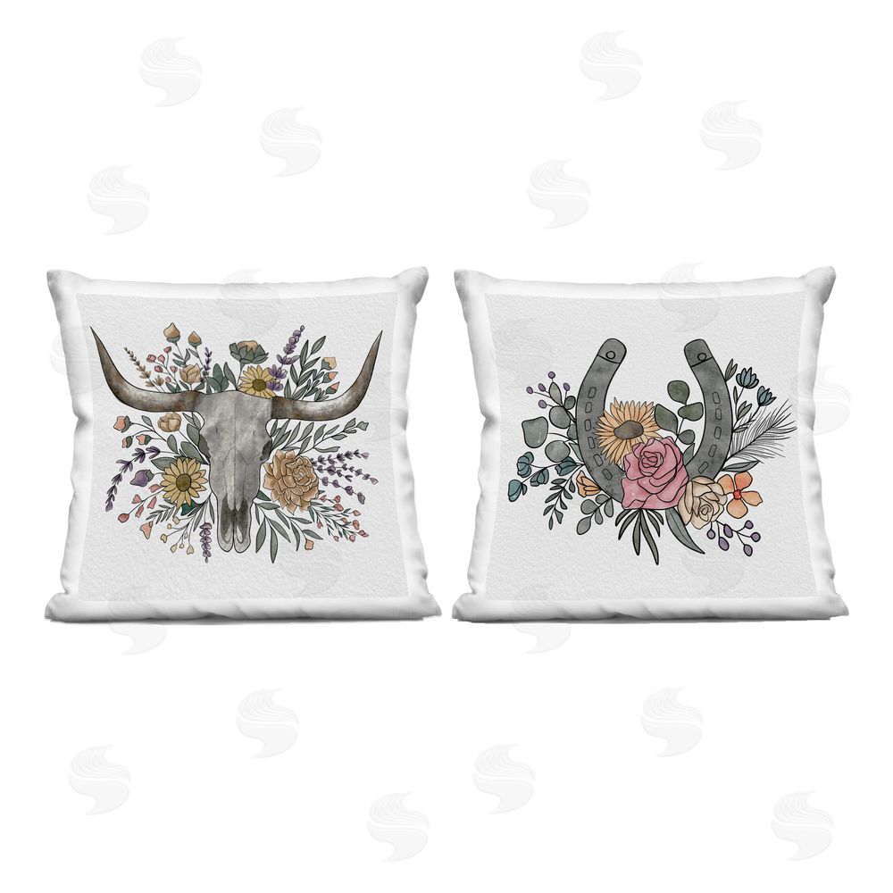 Alisha Kiara Design Boho Longhorn & Horseshoe Indoor Plush Polyester Square Throw Pillow