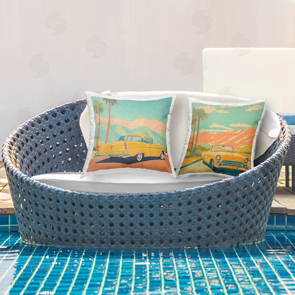 Walker Noble Classic Yellow Cars in Tropics Outdoor Quick-Dry Polyester Printed Square Pillow Set on Patio