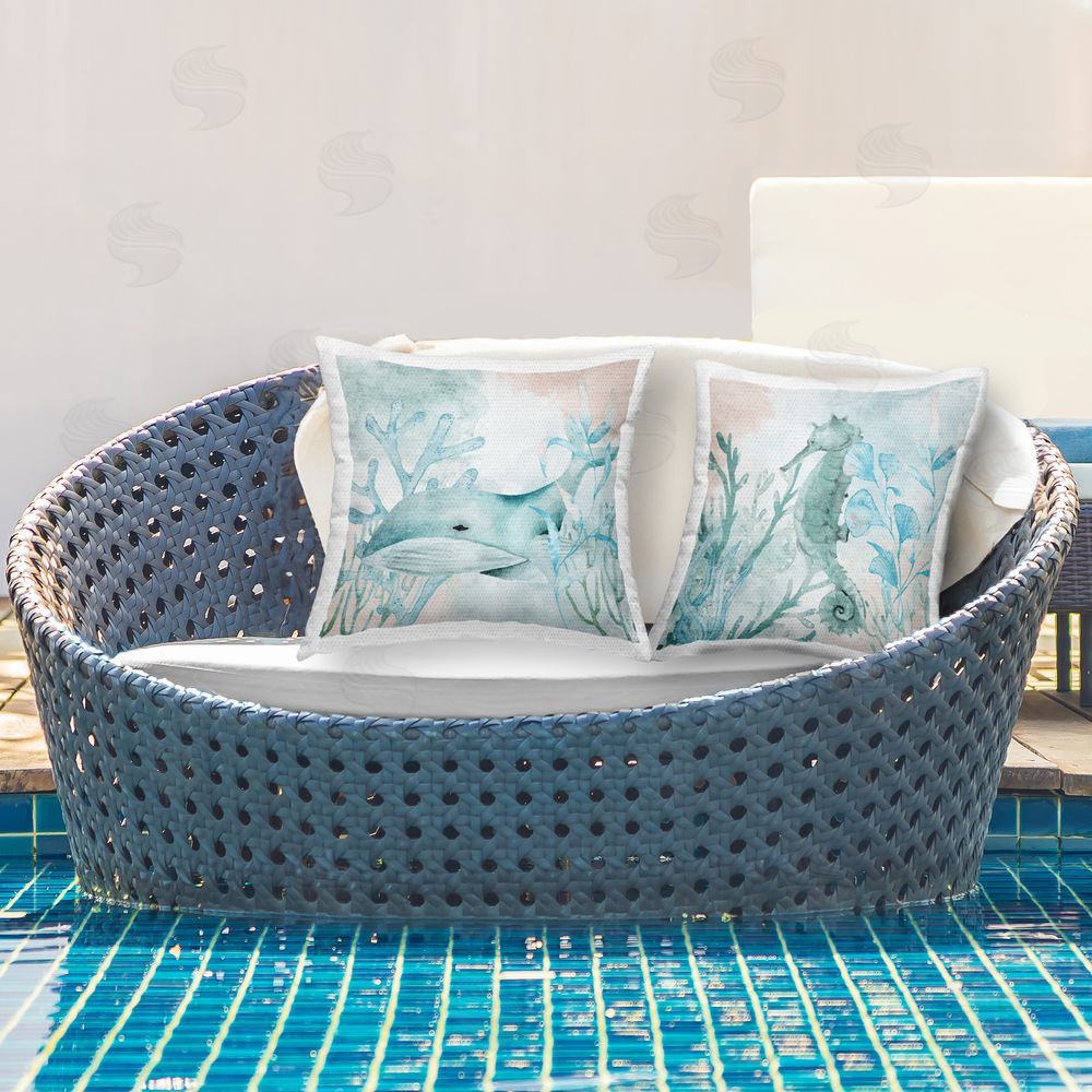 Kim Allen Whale & Seahorse Sea Swim Outdoor Quick-Dry Polyester Printed Square Pillow Set on Patio