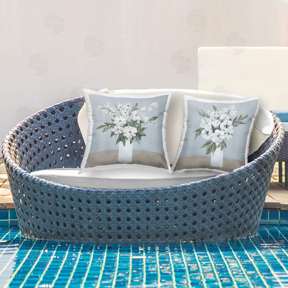 Marilyn Dunlap Mixed White Blossoms Outdoor Quick-Dry Polyester Printed Square Pillow Set on Patio