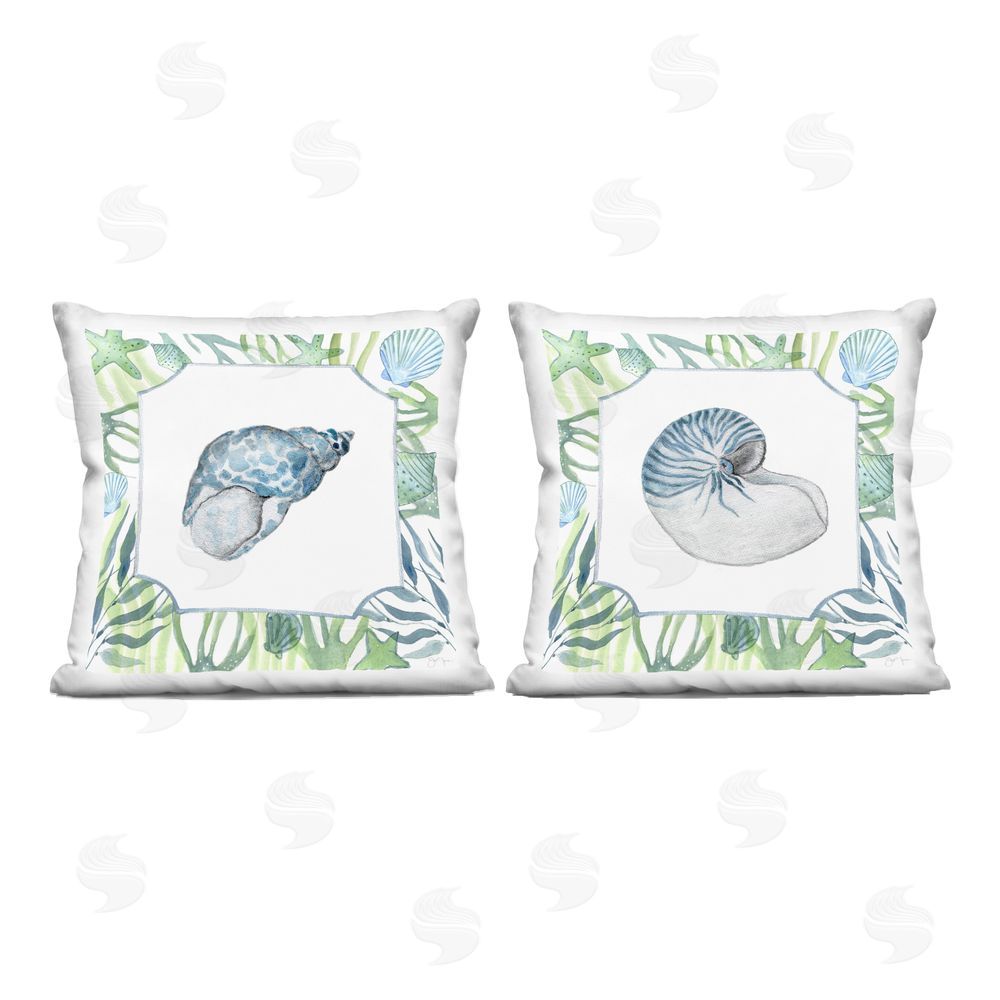 Janet Tava Seaweed Bordered Seashells Indoor Plush Polyester Square Throw Pillow