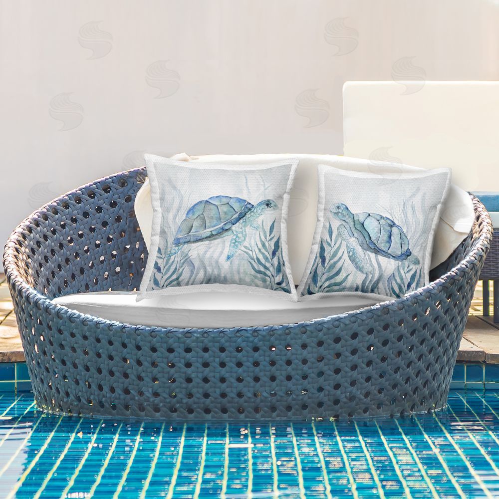 Janet Tava Subtle Smiling Sea Turtles Outdoor Quick-Dry Polyester Printed Square Pillow Set on Patio