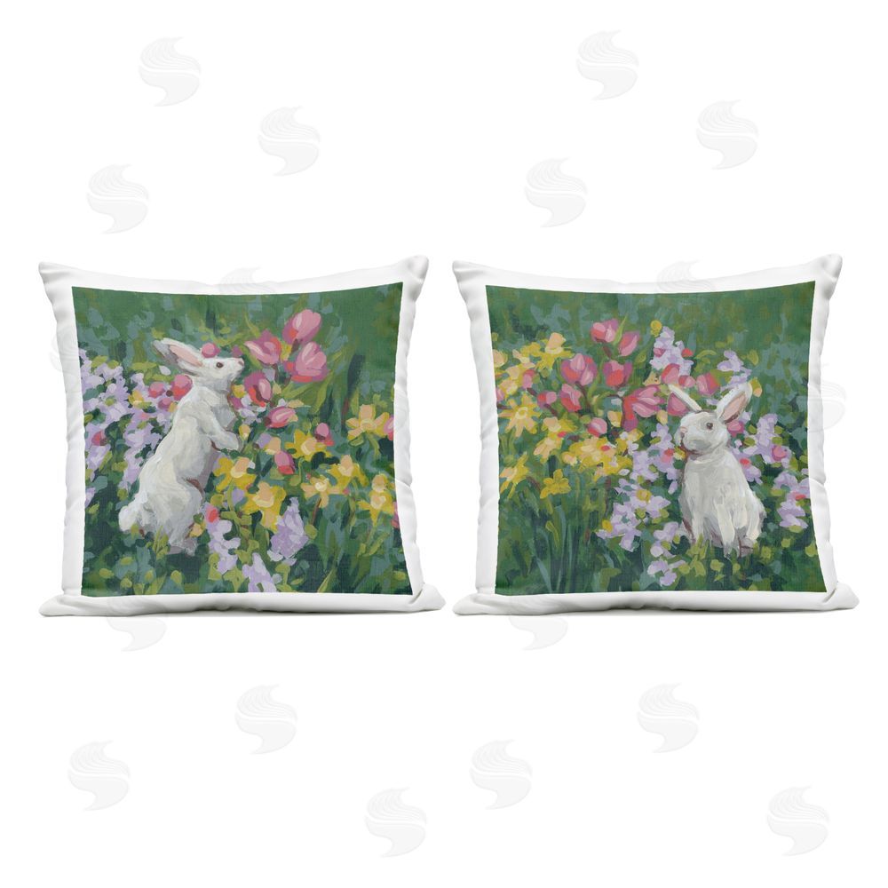 June Erica Vess Rabbits in Spring Gardens Square Outdoor Quick-Dry Polyester Throw Pillow